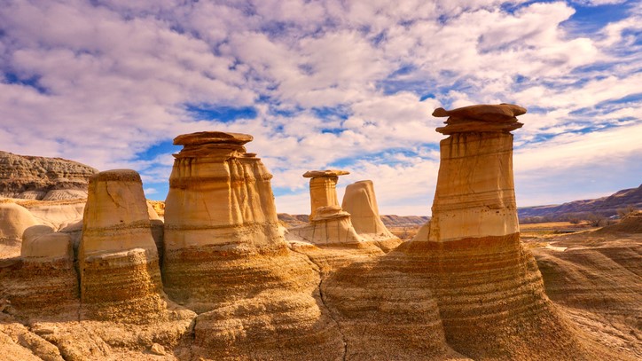 Hoodoo formations in dry, sandy climate of Drumheller, Alberta